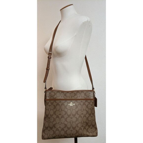 COACH #F58297 Signature File Crossbody Zip Top Handbag Khaki/Saddle WORN ONCE!!! - Picture 2 of 16